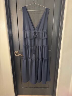 Sage Navy V-Neck Tiered Midi Dress